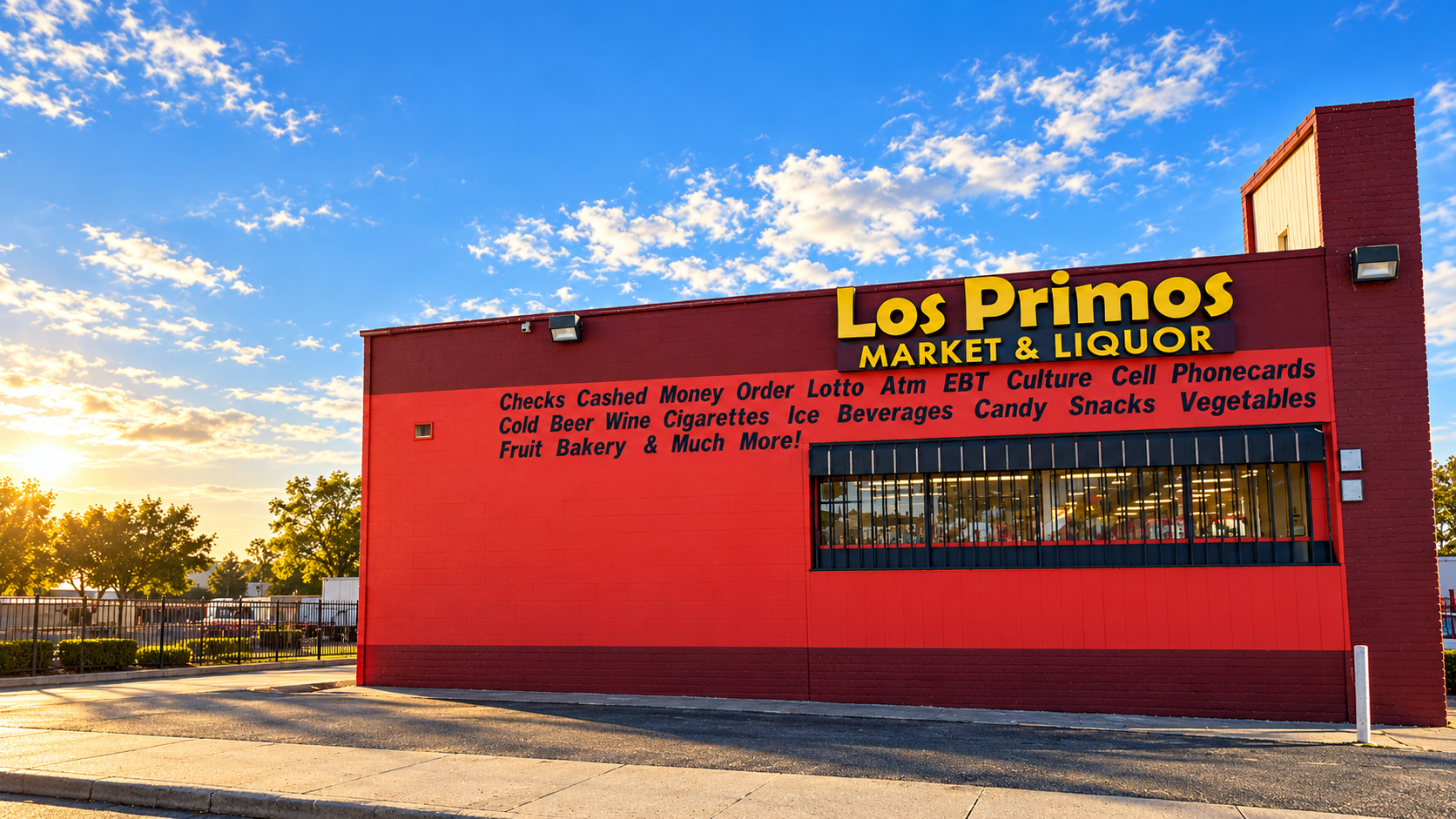Los Primos Market & Liquor's red building and yellow sign in golden late-afternoon sunlight, with painted service listings above the barred storefront window